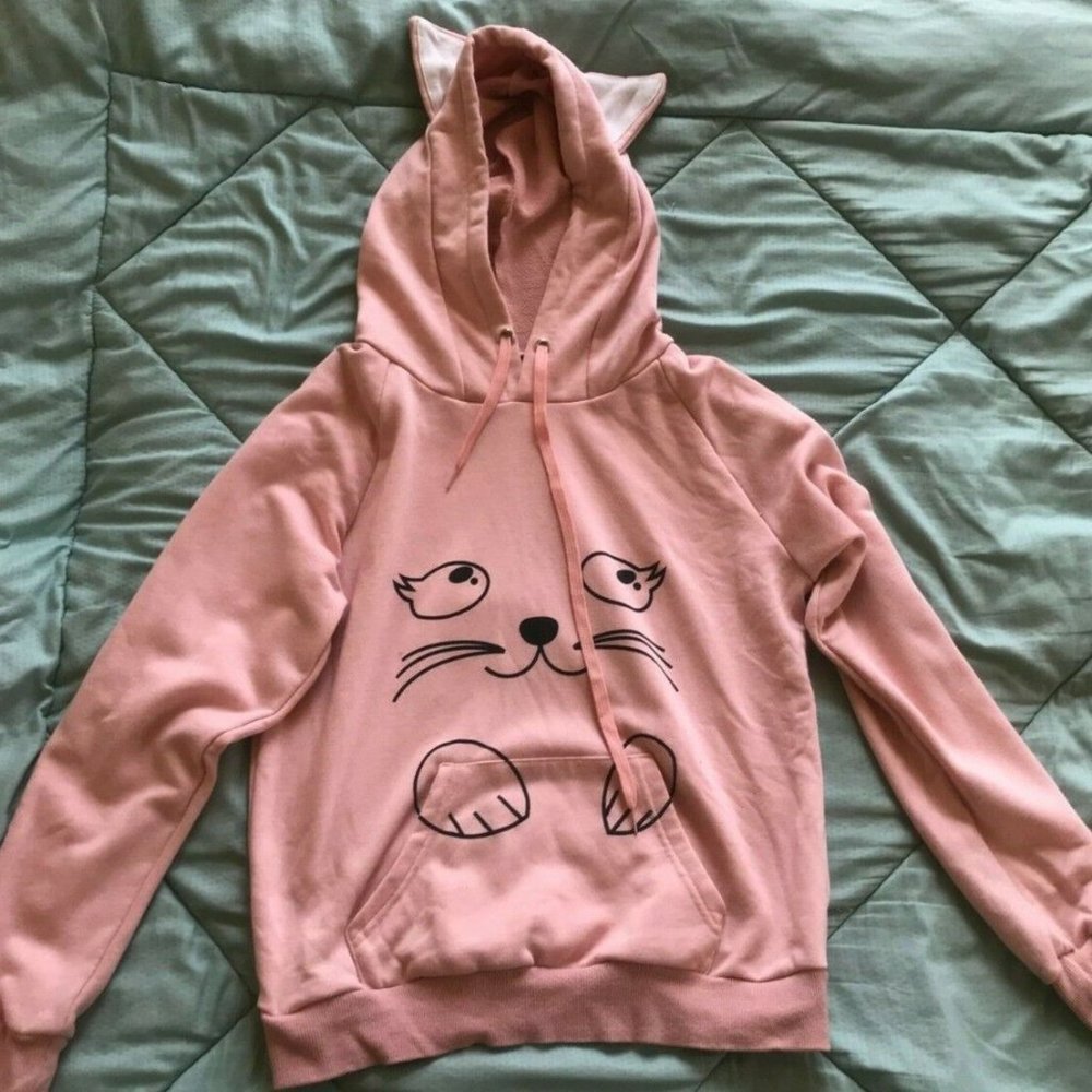 Pink Cat Pullover hoodie w/ Cat Ears - Women - Small